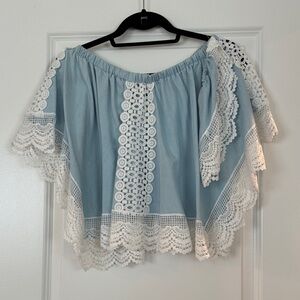 Charlotte Russe Blue and White Lace Trim Women's Top
